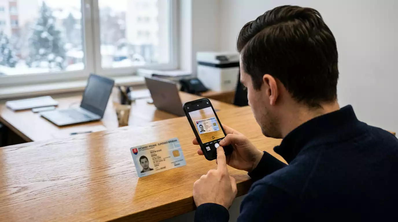 Klient skenuje občiansky preukaz pri KYC overení v slovenskej stávkovej kancelárii pred prvým Visa vkladom