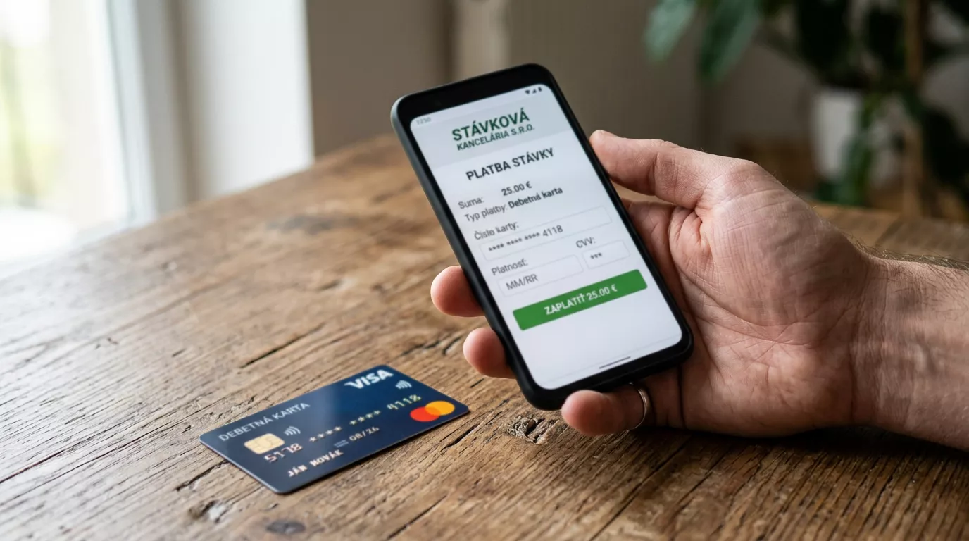 Mobilný telefón v ruke s otvorenou platobnou bránou stávkovej kancelárie a Visa karta na drevenom stole