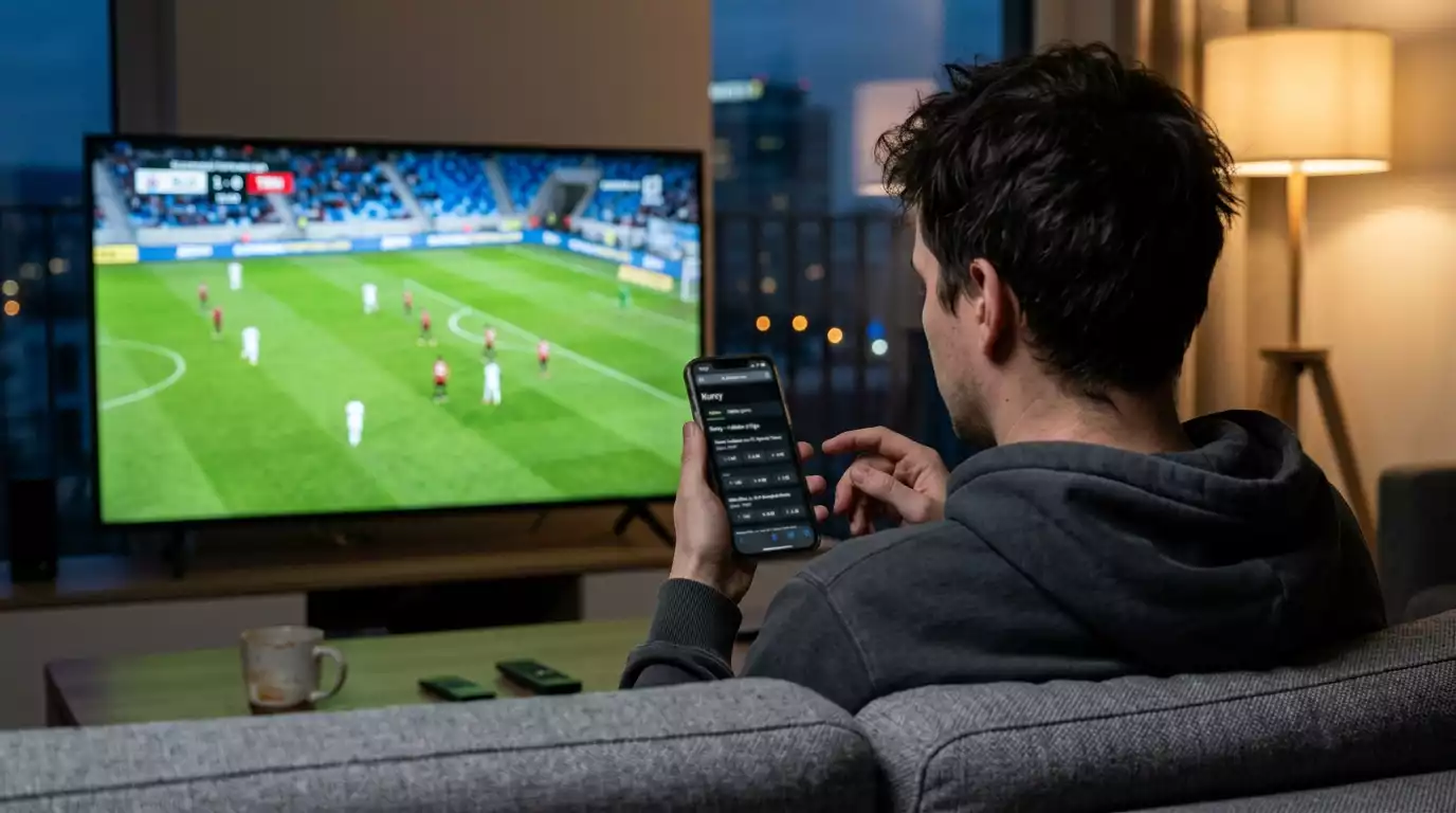 Slovenský fanúšik sleduje futbalový zápas Fortuna ligy a sleduje kurzy stávok v licencovanej online stávkovej kancelárii