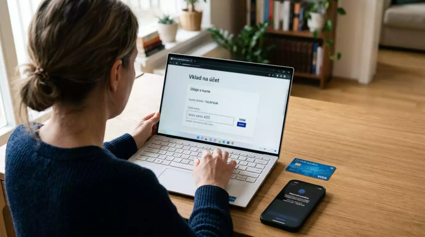 Slovenský hráč zadáva údaje karty Visa pri vklade do online stávkovej kancelárie cez 3-D Secure autentizáciu na notebooku