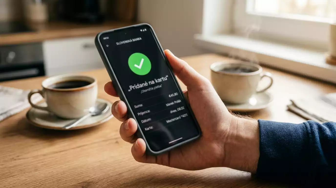 Slovenský hráč vidí výplatu výhry zo stávkovej kancelárie pripísanú na Visa kartu cez Visa Direct push-to-card v mobilnej bankovej aplikácii